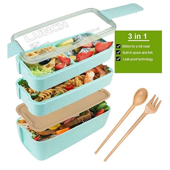 Picture of Bento Box Lunch Box, Iteryn 3-In-1 Compartment Containers - Wheat Straw, Leakproof Eco-Friendly Stackable Bento Lunch Box Meal Prep