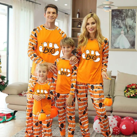 Picture of Set bộ đồ ngủ sọc cam gia đình chủ đề Halloween Bóng ma Boo