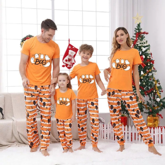 Picture of Set bộ đồ ngủ sọc cam gia đình chủ đề Halloween Bóng ma Boo