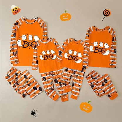 Ảnh của Set bộ đồ ngủ sọc cam gia đình chủ đề Halloween Bóng ma Boo