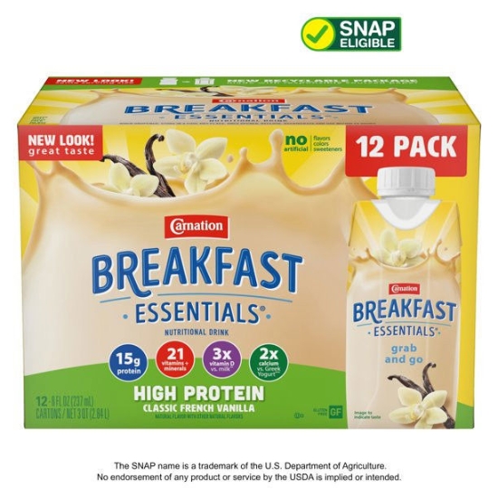 Ảnh của Carnation Breakfast Essentials Thức uống dinh dưỡng giàu protein, Vani Pháp cổ điển, 15 g Protein, Hộp 12 - 8 fl oz